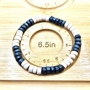 Navy Blue & White Beaded Stretch Bracelet - 6.5in Minimalist Style Jewelry